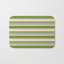 [ Thumbnail: Green, Dark Grey & Tan Stripes Pattern Bath Mat ]