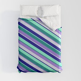 [ Thumbnail: Eye-catching Teal, Purple, Lavender, Dark Blue, and Aquamarine Colored Pattern of Stripes Duvet Cover ]