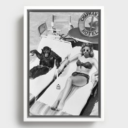 Lady and Chimp Sunbathing, Black and White, Vintage Art Framed Canvas