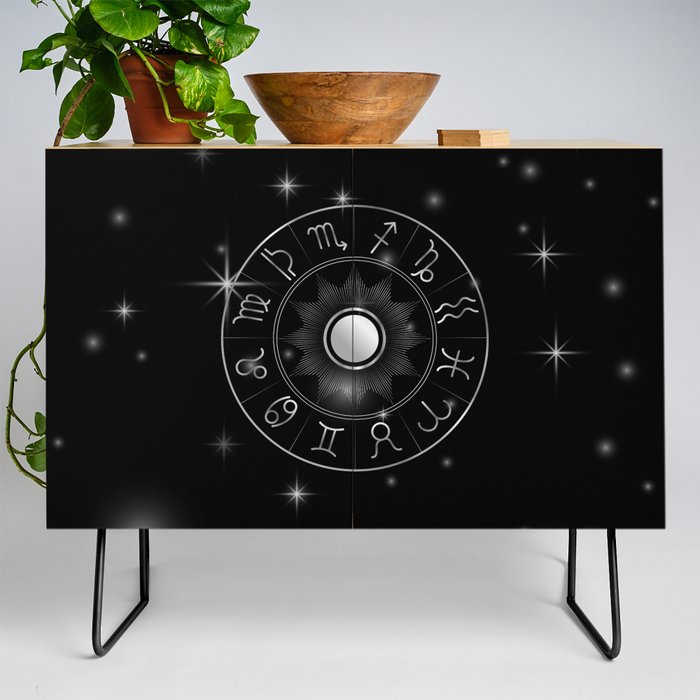 Zodiac astrology circle Silver astrological signs with moon sun and stars Credenza