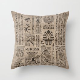 Egyptian hieroglyphs and symbols on wood Throw Pillow
