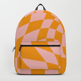 Wavy Check - Orange And Pink - Checkerboard Pattern Print Backpack | 90S, 70S, Checked, Retro, Gingham, Checkerboard, Bold Checkerboard, Maximalism, Bold, Pink 