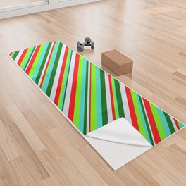 [ Thumbnail: Vibrant Turquoise, Green, Red, Lavender & Dark Green Colored Lined/Striped Pattern Yoga Towel ]
