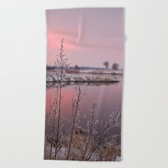 Winter Sunset At River Bank Beach Towel