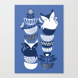 Swedish folk cats I // Indigo blue background Canvas Print