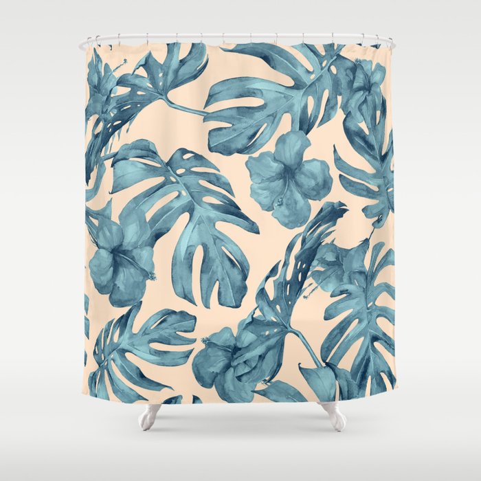 Island Vacay Hibiscus Palm Pale Coral Teal Blue Shower Curtain
