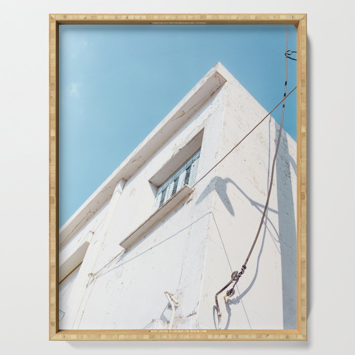 White Building on Blue Sky | Greek Architecture | Simplistic Travel Photography Serving Tray