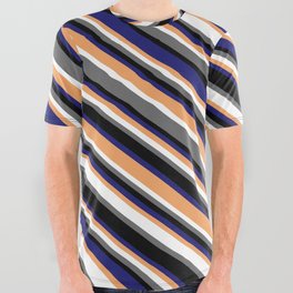[ Thumbnail: Colorful Brown, White, Dim Gray, Black & Midnight Blue Colored Lines Pattern All Over Graphic Tee ]