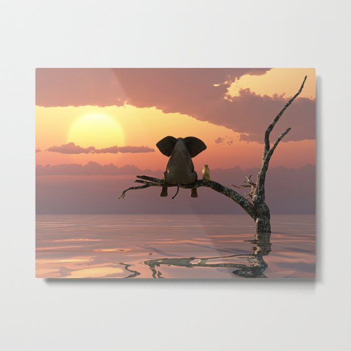 elephant and dog sit on a tree during a flood(2) Metal Print