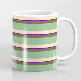 [ Thumbnail: Dark Olive Green, Dark Sea Green, Beige & Dark Violet Colored Lined/Striped Pattern Coffee Mug ]