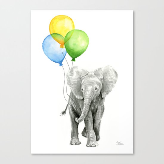 Elephant Watercolor Baby Animal with Balloons - Blue Yellow Green Canvas Print