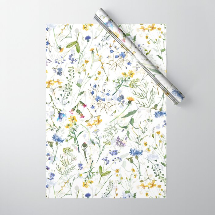 Scandinavian Midsummer Blue And Yellow Wildflowers Meadow  Wrapping Paper