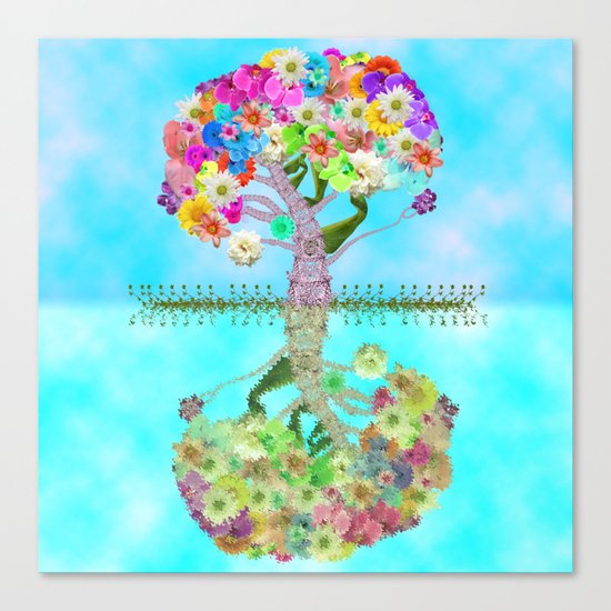 Cute Whimsical Bright Floral Tree Collage Teal Sky Canvas Print