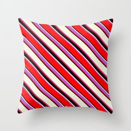 [ Thumbnail: Beige, Orchid, Red & Black Colored Striped/Lined Pattern Throw Pillow ]
