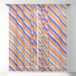 [ Thumbnail: Eye-catching Red, Goldenrod, Powder Blue, Blue, and Light Salmon Colored Lined/Striped Pattern Sheer Curtain ]