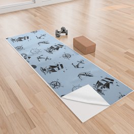 Pale Blue And Black Silhouettes Of Vintage Nautical Pattern Yoga Towel