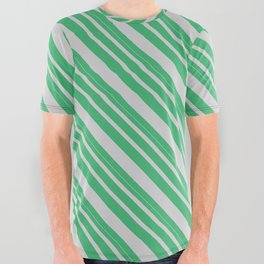 [ Thumbnail: Sea Green and Light Grey Colored Lines Pattern All Over Graphic Tee ]