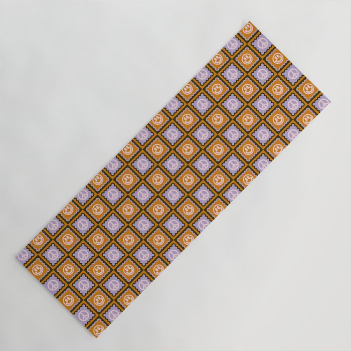 Funky Checkered Smileys and Peace Symbol Pattern (Dark Brown, Ginger Brown, Lilac, Muted Pink) Yoga Mat