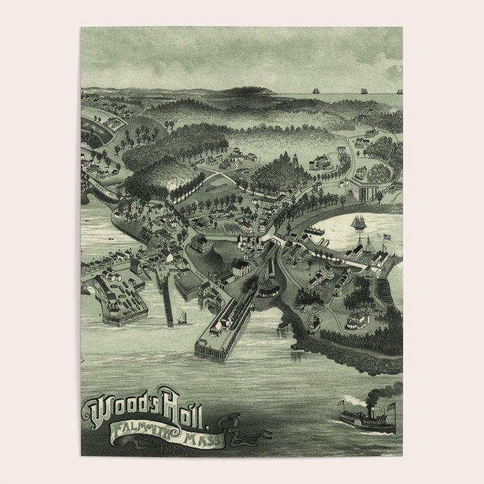 Vintage Pictorial Map of Woods Hole Falmouth MA (1887) Poster by