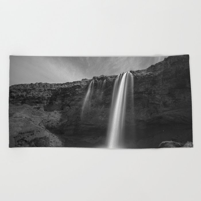 Seljalandsfoss waterfall, Iceland beautific nature landscape black and white photograph - photography - photographs Beach Towel