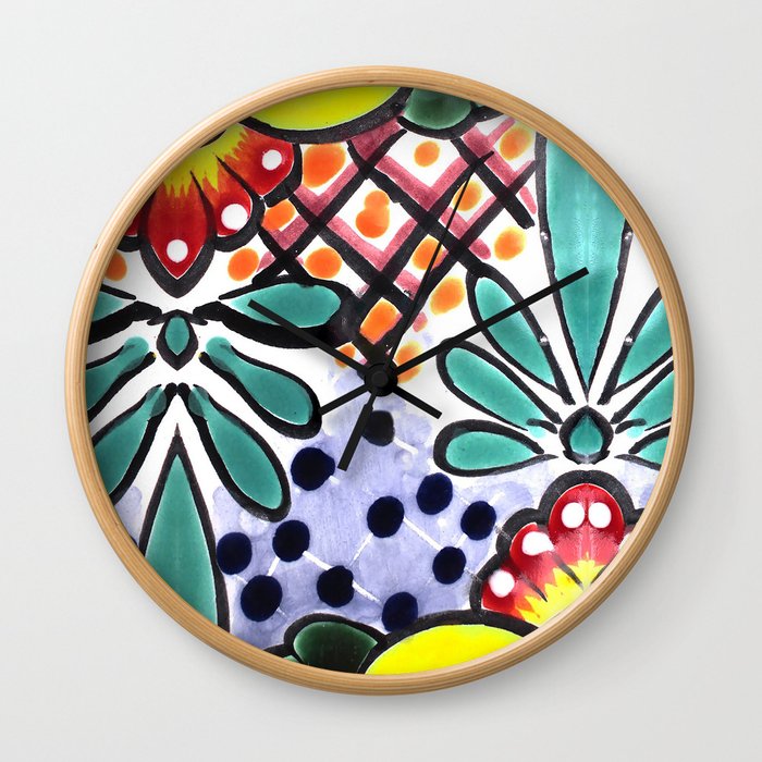 Colorful Talavera, Yellow Accent, Mexican Tile Design Wall Clock