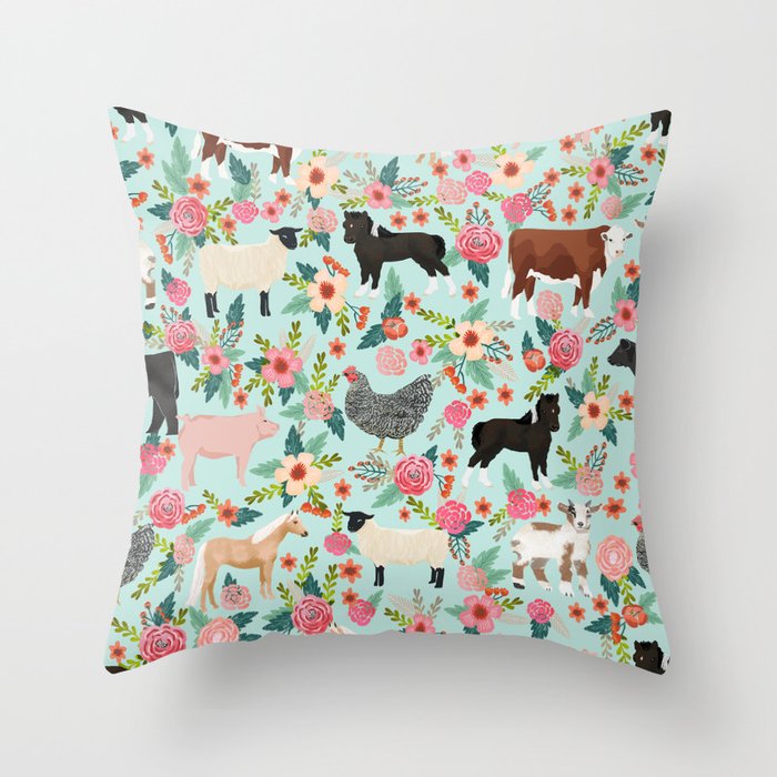 Farm animal sanctuary pig chicken cows horses sheep floral pattern gifts Throw Pillow