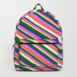 [ Thumbnail: Dark Slate Blue, Violet, Coral, White, and Green Colored Lined/Striped Pattern Backpack ]