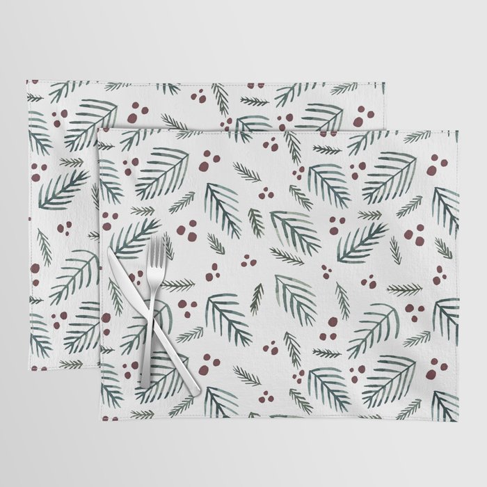 Christmas tree branches and berries - teal and burgundy Placemat