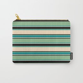 [ Thumbnail: Dark Sea Green, Dark Cyan, Bisque, and Black Colored Striped Pattern Carry-All Pouch ]