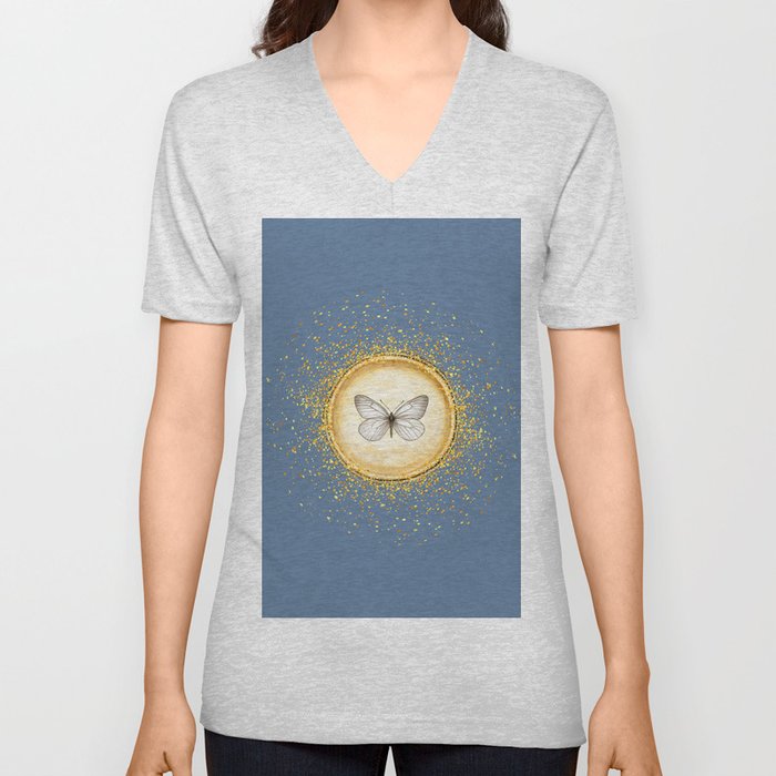 Hand-Drawn Butterfly Gold Circle Pendant on Slate Blue V Neck T Shirt