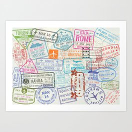 Vintage World Map with Passport Stamps Art Print