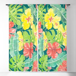 Tropical garden, hibiscus plumeria and palm leaves Blackout Curtain