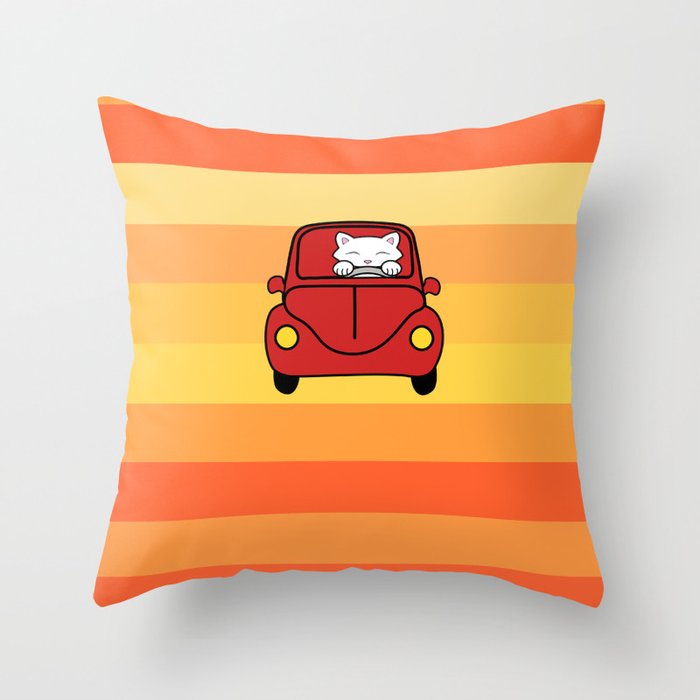 Cat driving a red car Throw Pillow