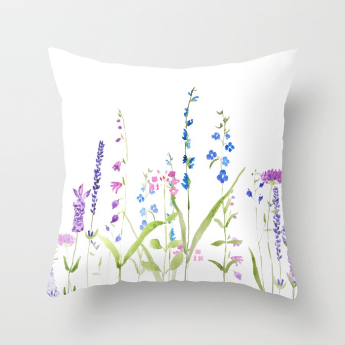 purple blue wild flowers watercolor painting Throw Pillow