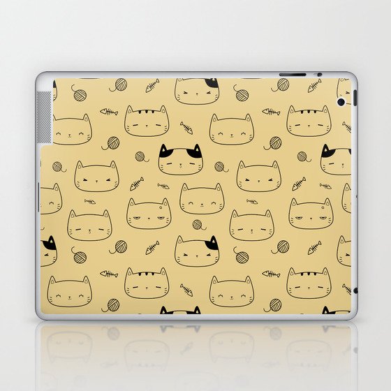 Tan and Black Doodle Kitten Faces Pattern Laptop & iPad Skin