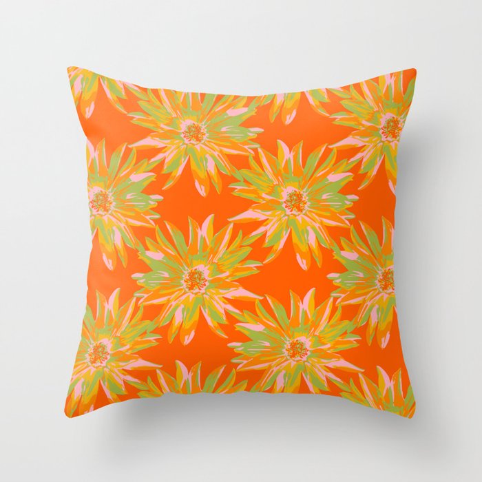 DAHLIA BURSTS Abstract Floral Summer Bright Botanical in Orange Yellow Blush Lime Green on Orange - UnBlink Studio by Jackie Tahara Throw Pillow