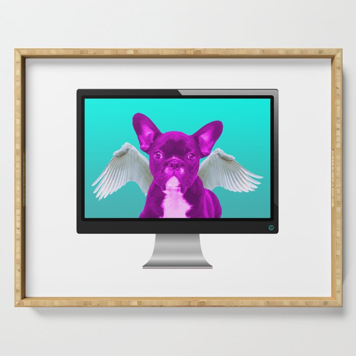 Funny Pink French Bulldog with Angel Wings in Computer Screen Serving Tray