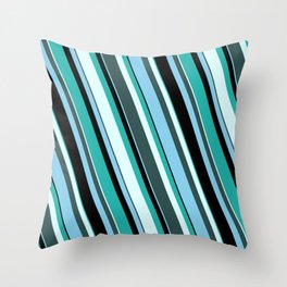 [ Thumbnail: Light Sea Green, Light Cyan, Dark Slate Gray, Sky Blue, and Black Colored Striped/Lined Pattern Throw Pillow ]
