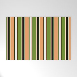 [ Thumbnail: Brown, White, Green, and Black Colored Striped/Lined Pattern Welcome Mat ]