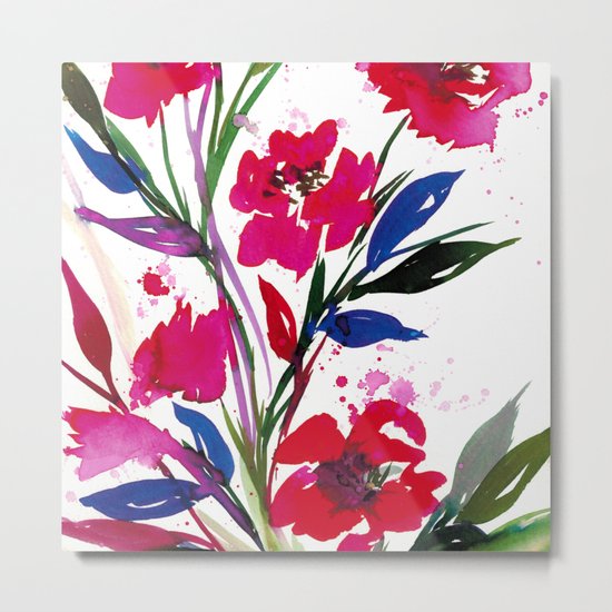 POCKETFUL OF POSIES 1, Colorful Summer Watercolor Floral Painting Abstract Red Blue Pink Flowers Art Metal Print