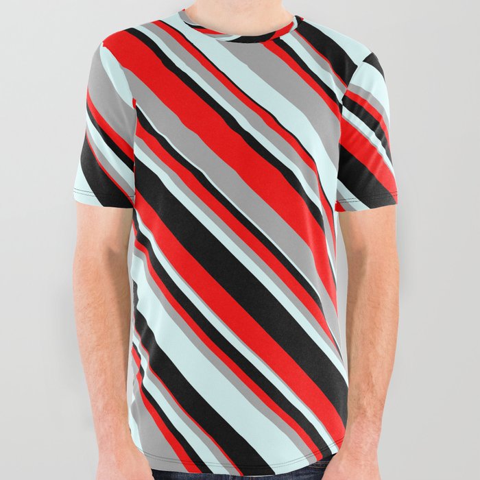 Red, Dark Grey, Light Cyan, and Black Colored Striped Pattern All Over Graphic Tee