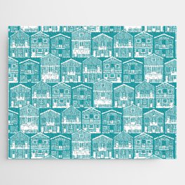 Monochromatic Portuguese houses // peacock teal background white striped Costa Nova inspired houses Jigsaw Puzzle