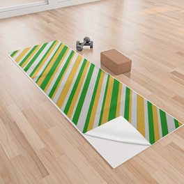 [ Thumbnail: Green, Light Gray, and Goldenrod Colored Striped Pattern Yoga Towel ]