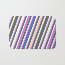 [ Thumbnail: Orchid, Dark Olive Green, Royal Blue, Mint Cream, and Tan Colored Stripes Pattern Bath Mat ]