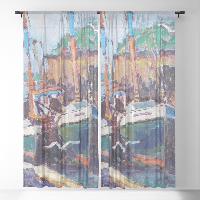 Sailboats By The Harbor Sheer Curtain