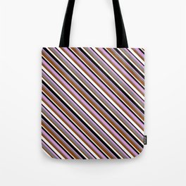 [ Thumbnail: Eyecatching Plum, Grey, Brown, White & Black Colored Striped/Lined Pattern Tote Bag ]