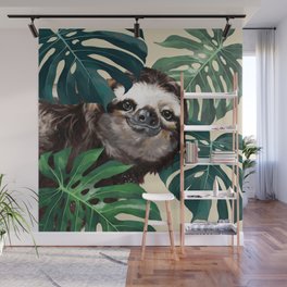 Sneaky Sloth with Monstera Wall Mural