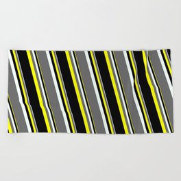 [ Thumbnail: Mint Cream, Dim Gray, Yellow, and Black Colored Stripes Pattern Beach Towel ]