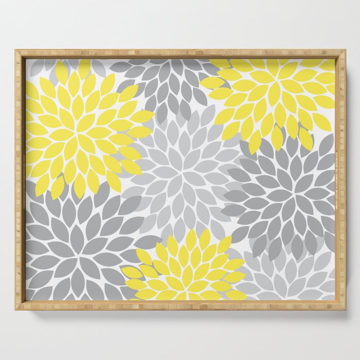 Yellow Gray Flower Burst Petals Floral Pattern Serving Tray