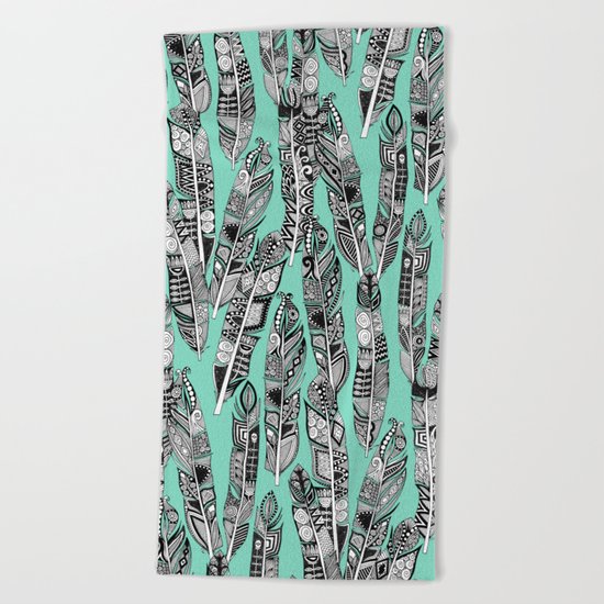 geo feathers mint Beach Towel
